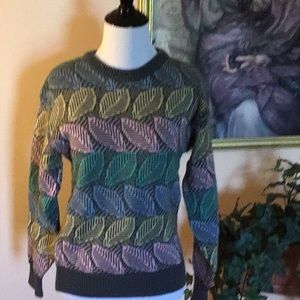Vintage leaf, patterned, gray, yellow powder, blue, pink, and green sweater